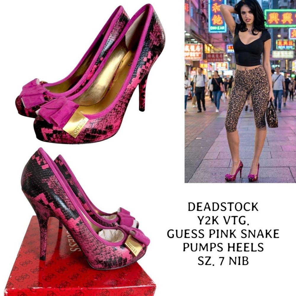 ✨Y2K VTG. DEADSTOCK  Guess Pink‎ Snake Print Bow Logo Platform Pumps NIB✨